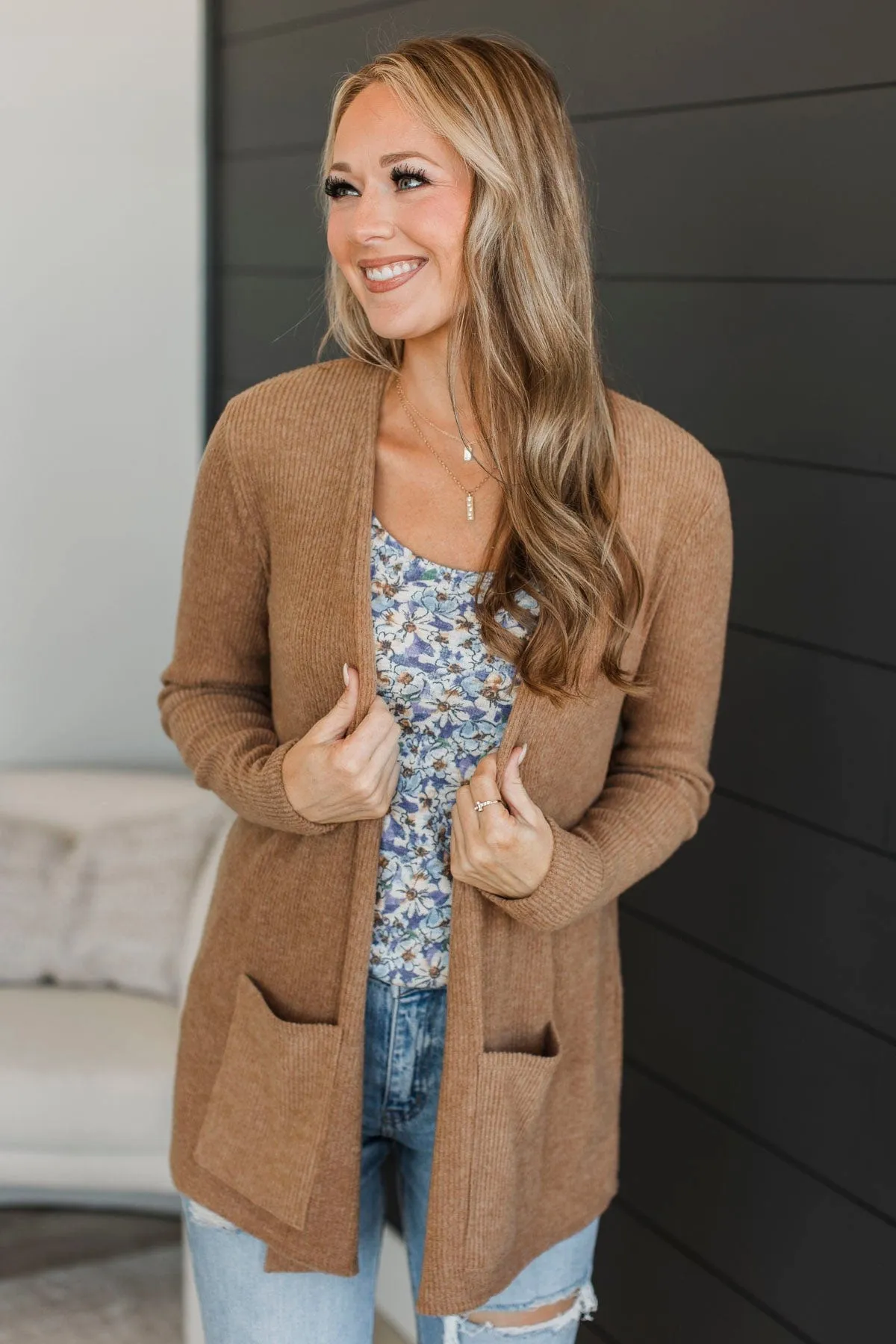 All Dressed Up Ribbed Cardigan- Camel