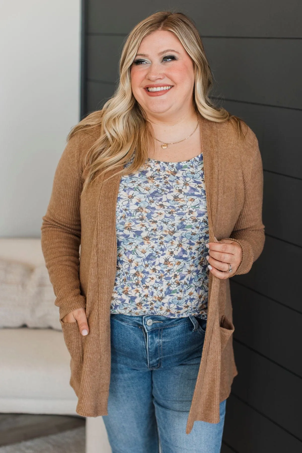 All Dressed Up Ribbed Cardigan- Camel