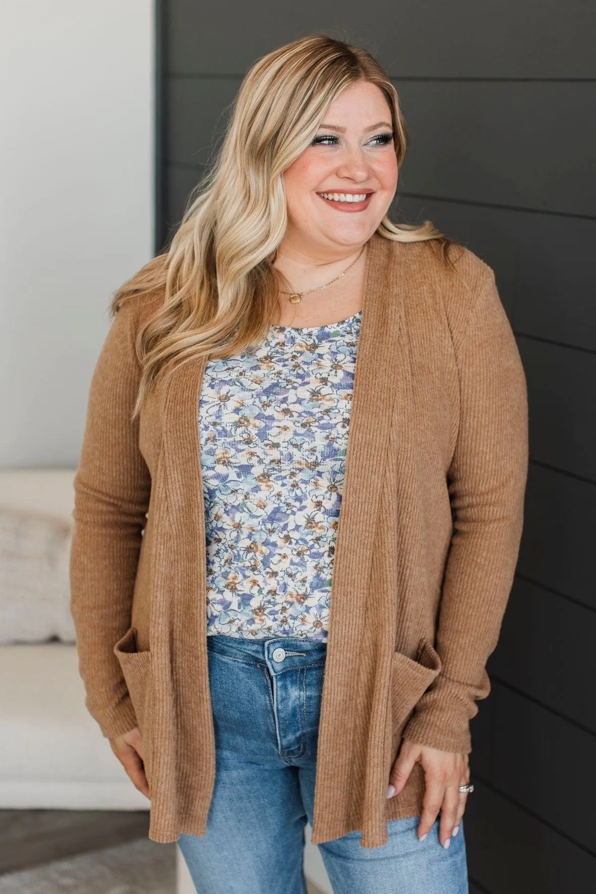 All Dressed Up Ribbed Cardigan- Camel