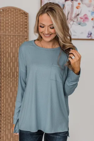 All In For Love Ribbed Knit Top- Steel Blue