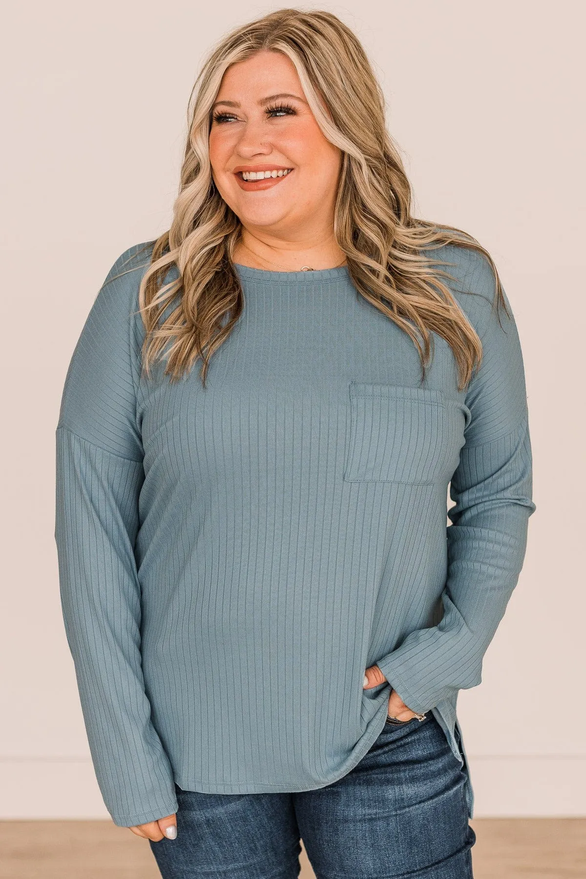 All In For Love Ribbed Knit Top- Steel Blue