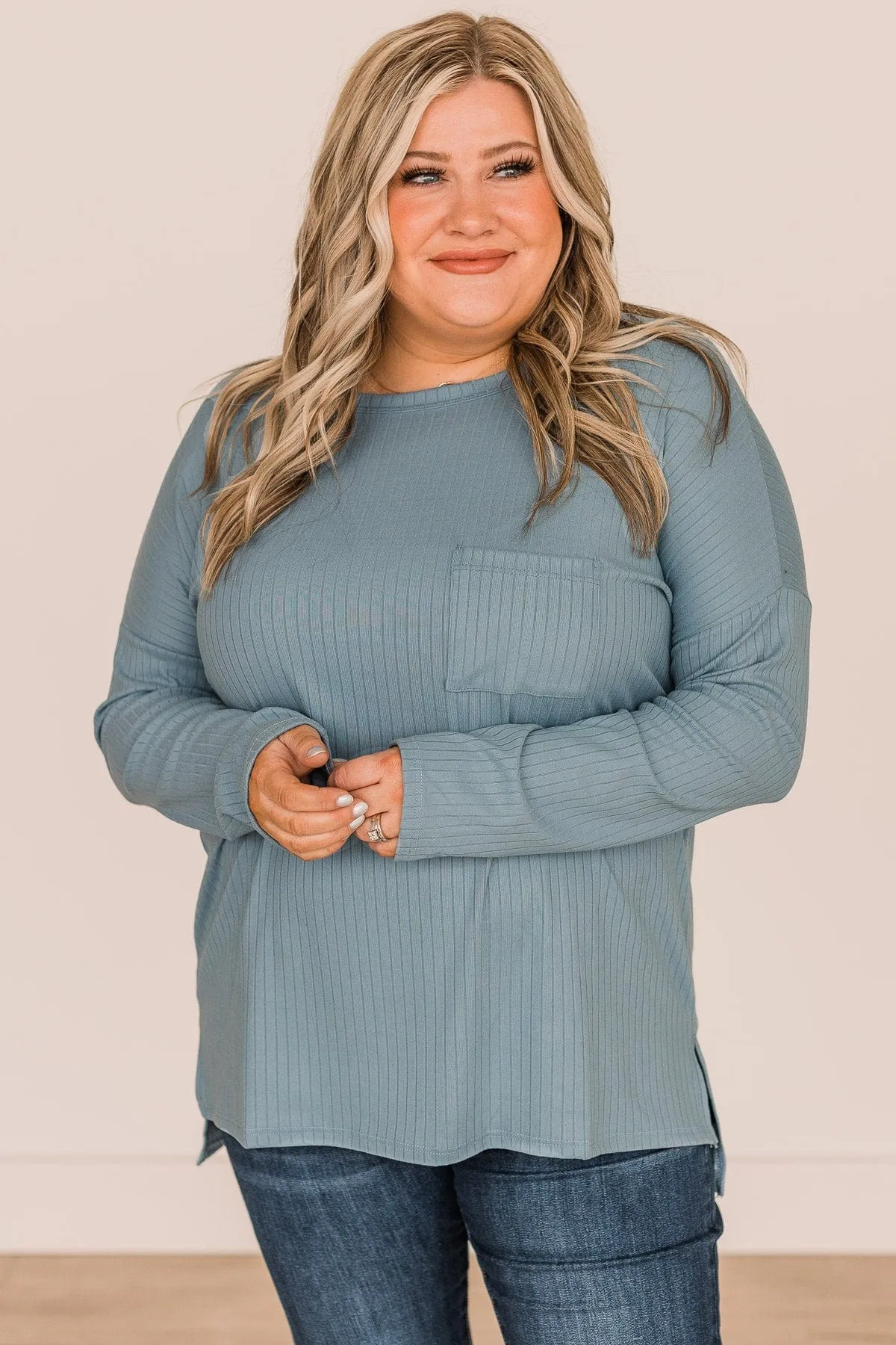 All In For Love Ribbed Knit Top- Steel Blue