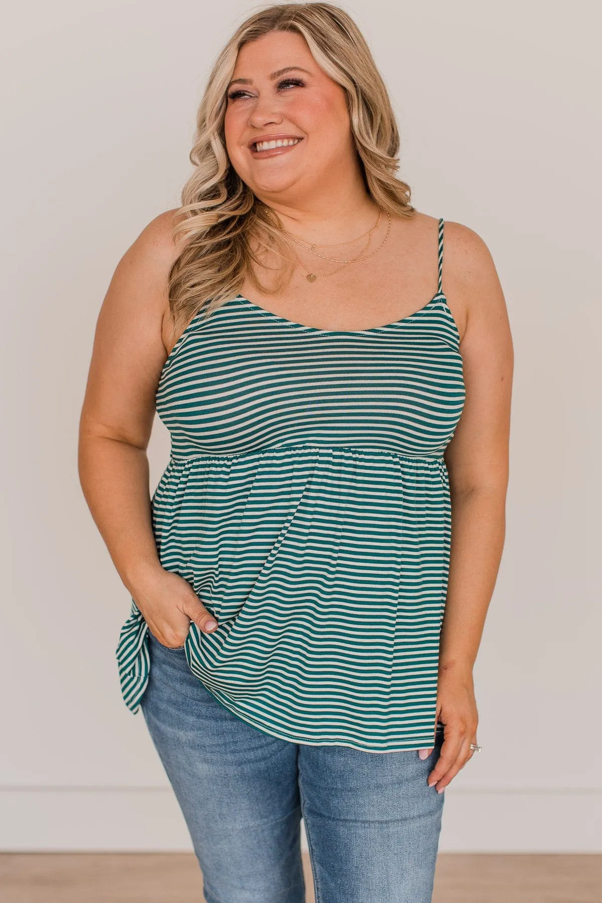 Always Be Together Striped Babydoll Tank Top- Teal & Ivory