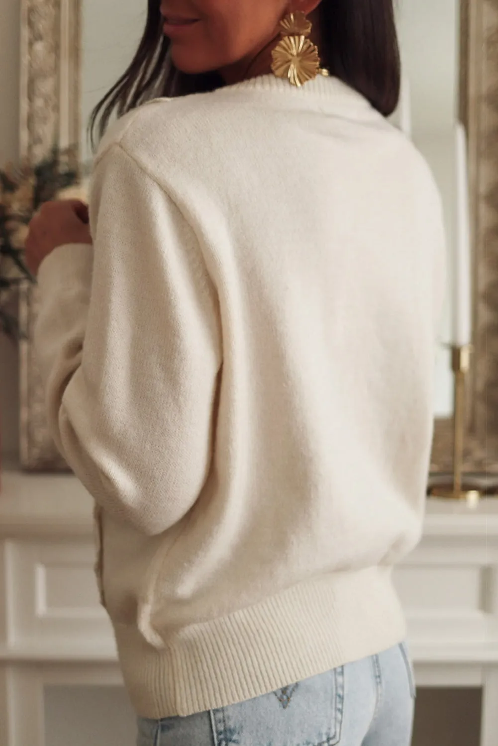 Apricot Lace Trim Ribbed Round Neck Sweater Cardigan