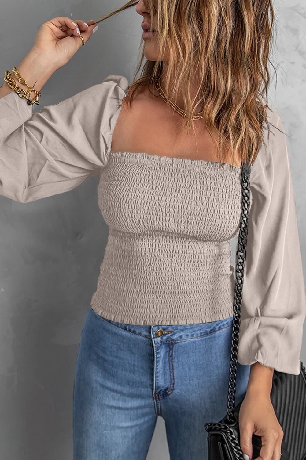 Apricot Square Neck Smocked Bubble Sleeve Top