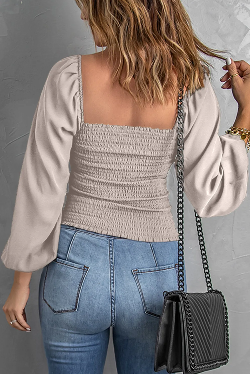 Apricot Square Neck Smocked Bubble Sleeve Top