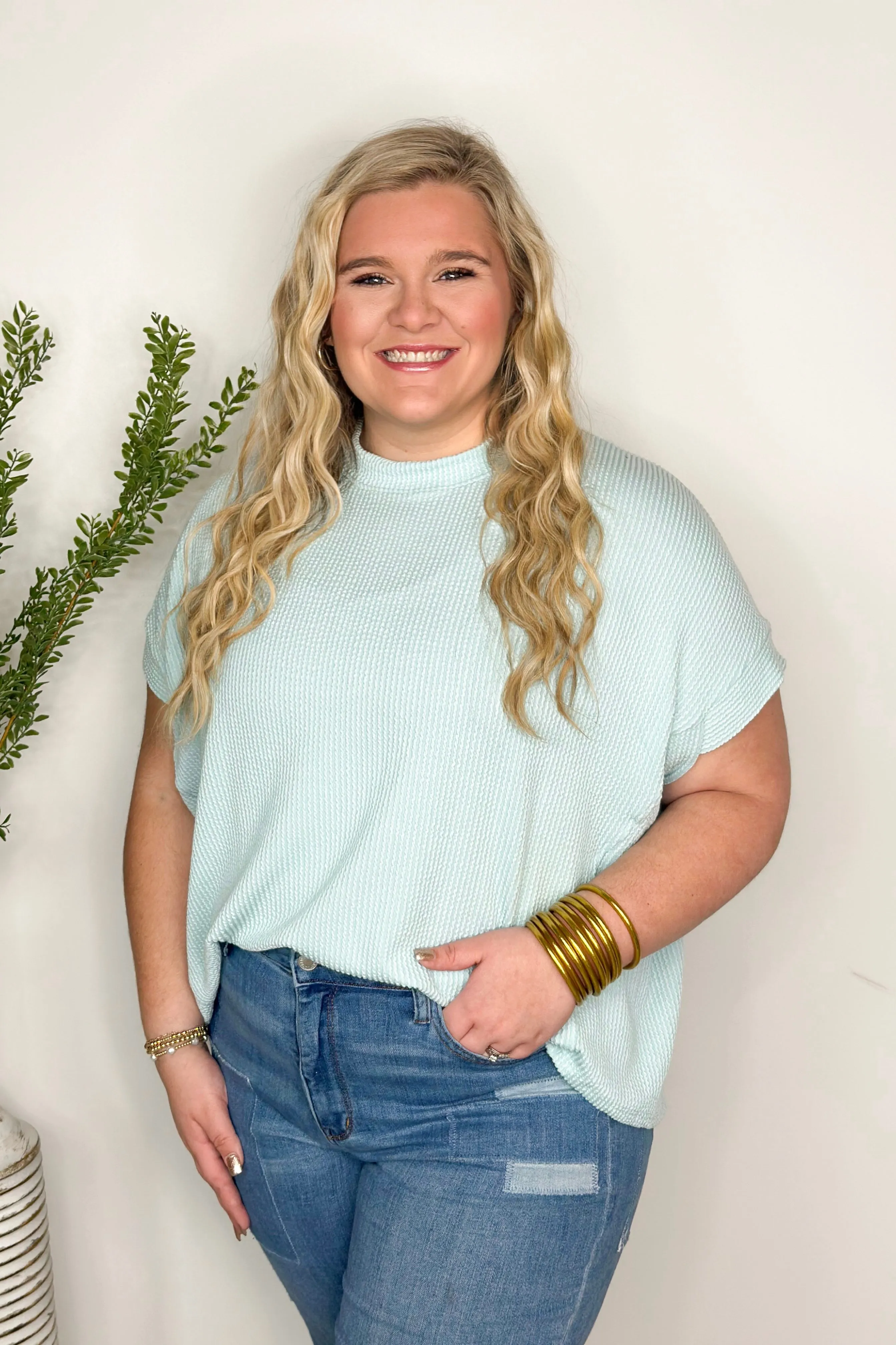Aqua Short Sleeve Ribbed Top