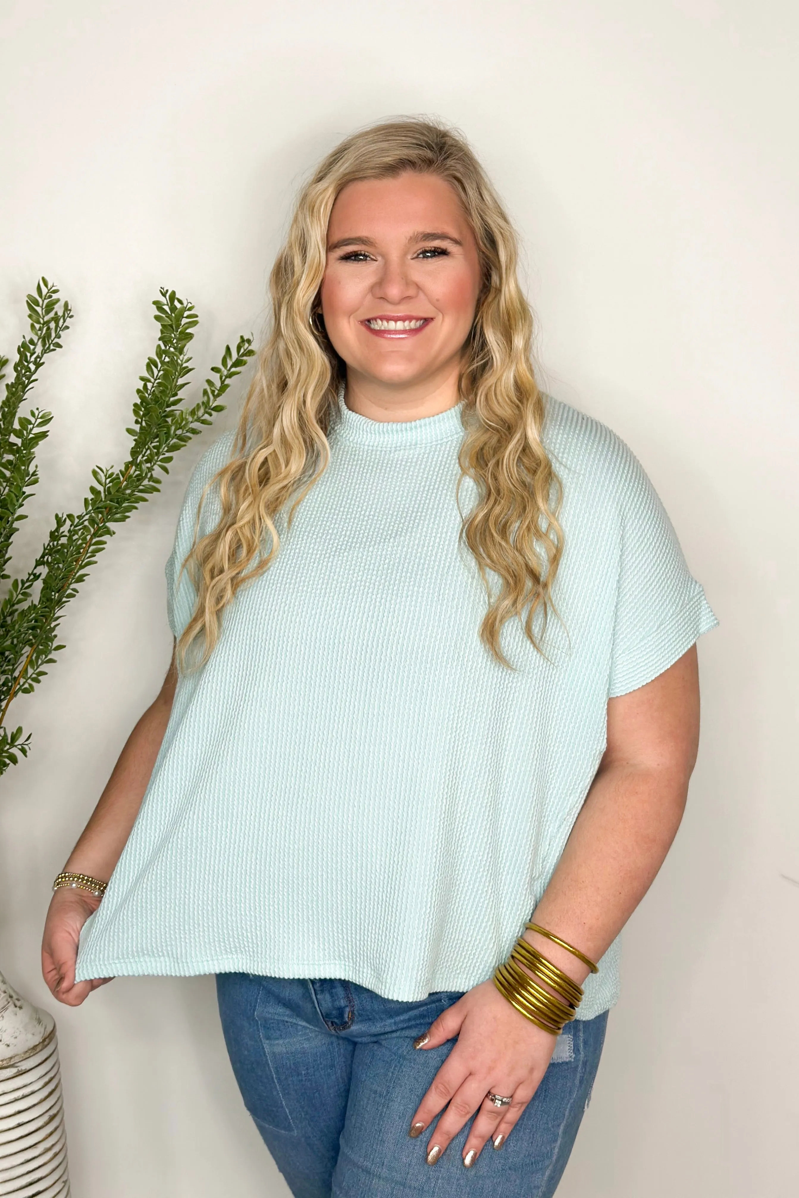 Aqua Short Sleeve Ribbed Top