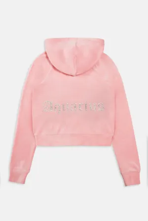 'AQUARIUS' JUICY PINK DIAMANTÉ VELOUR ZIP-THROUGH HOODIE