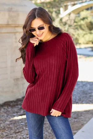 Basic Bae Full Size Ribbed Round Neck Long Sleeve Knit Top (5 Colors)