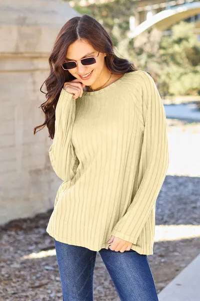 Basic Bae Full Size Ribbed Round Neck Long Sleeve Knit Top (5 Colors)