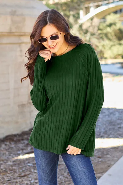 Basic Bae Full Size Ribbed Round Neck Long Sleeve Knit Top (5 Colors)