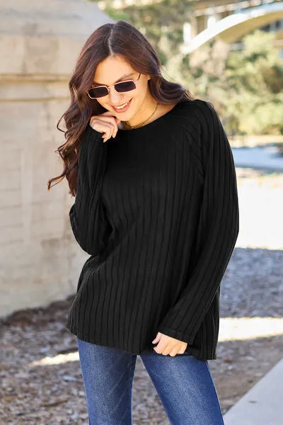 Basic Bae Full Size Ribbed Round Neck Long Sleeve Knit Top (5 Colors)
