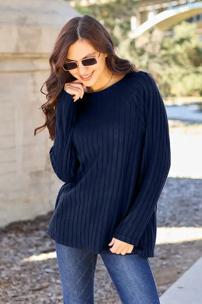 Basic Bae Full Size Ribbed Round Neck Long Sleeve Knit Top (5 Colors)