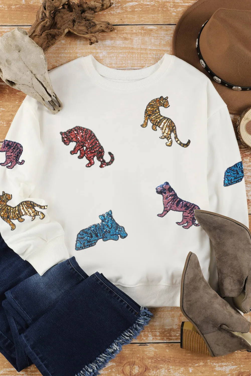Beige Sequined Tiegers Casual Round Neck Sweatshirt