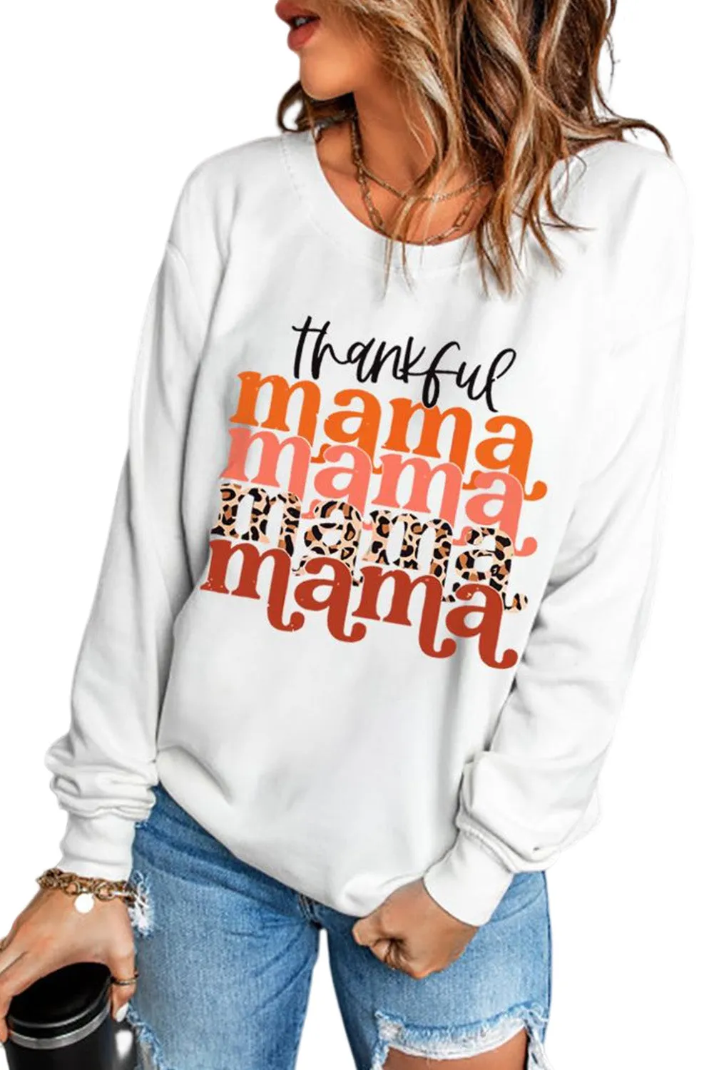 Beige Thankful Mama Graphic Print Long Sleeve Sweatshirt