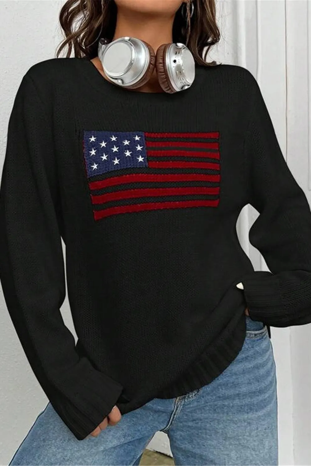 Black American Flag Pattern Ribbed Trim Sweater