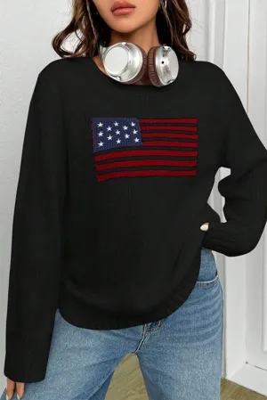 Black American Flag Pattern Ribbed Trim Sweater