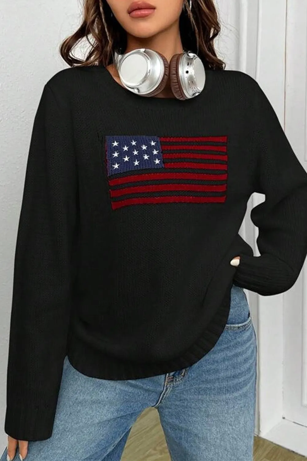 Black American Flag Pattern Ribbed Trim Sweater