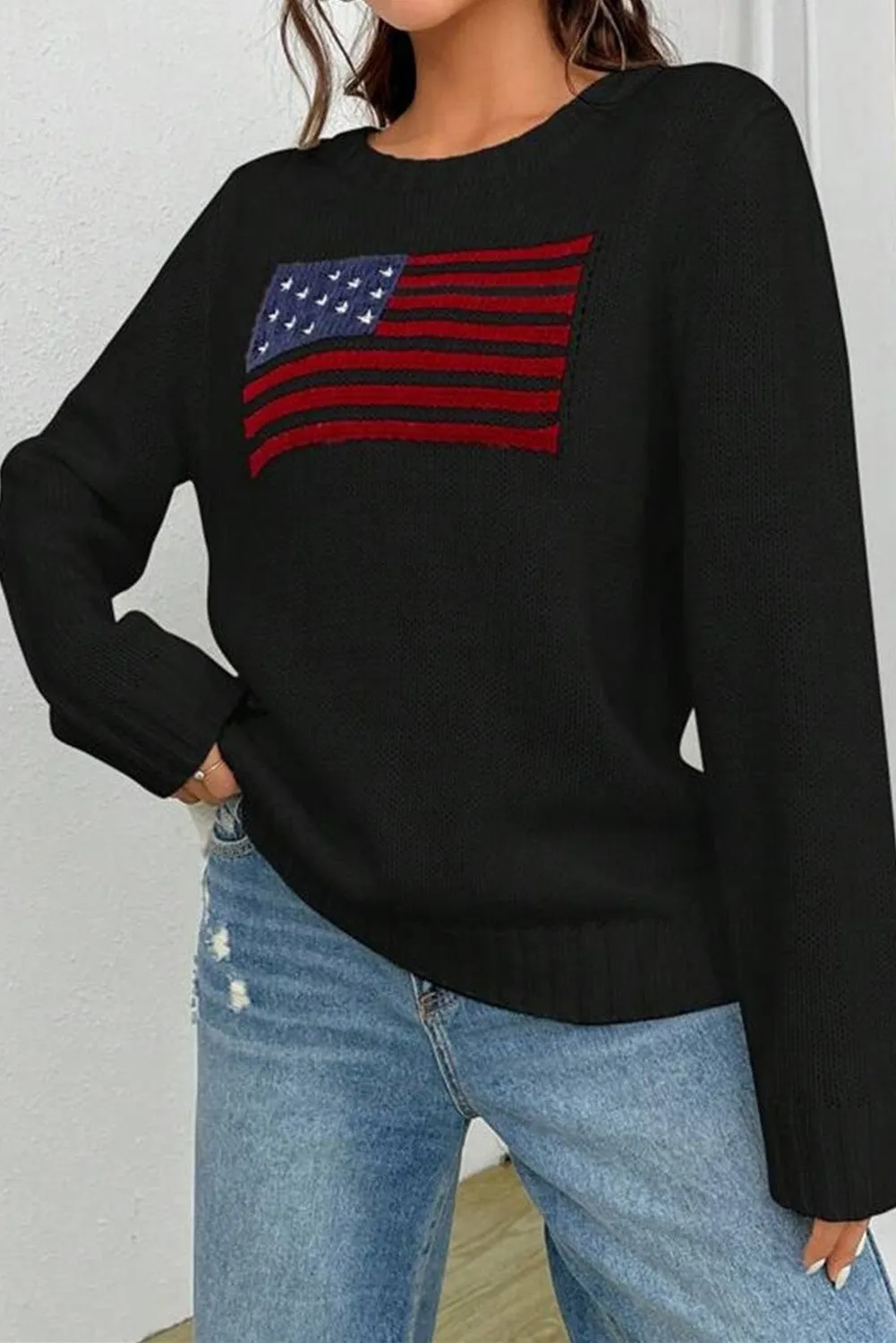 Black American Flag Pattern Ribbed Trim Sweater