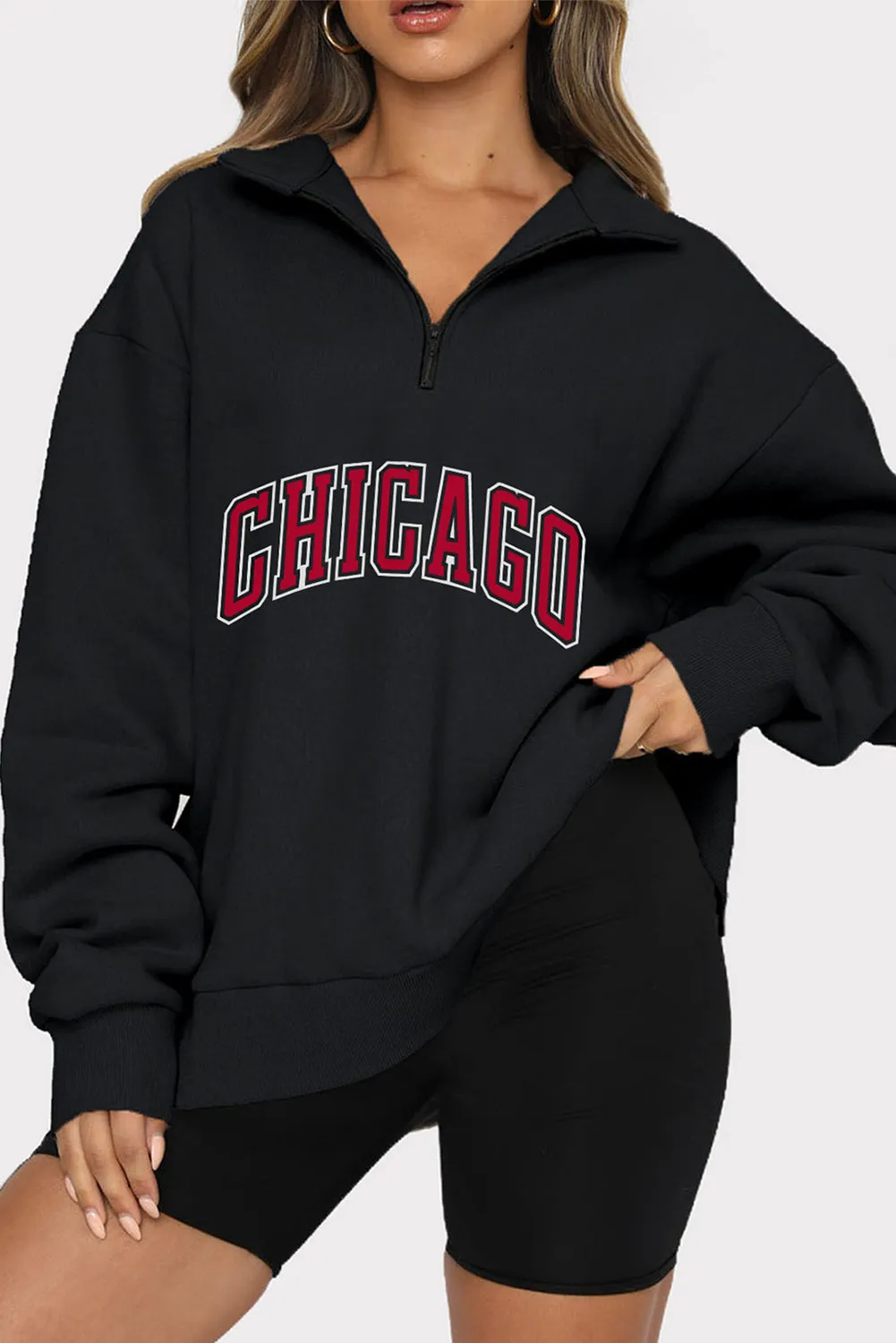 Black CHICAGO Zipped Oversized Pullover Sweatshirt