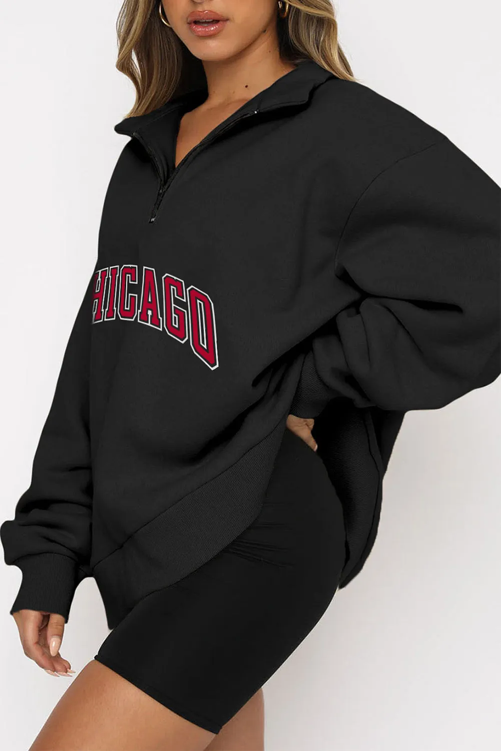 Black CHICAGO Zipped Oversized Pullover Sweatshirt