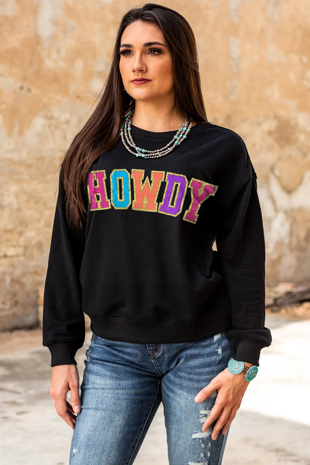 Black HOWDY Crewneck Drop Sleeve Pullover Sweatshirt