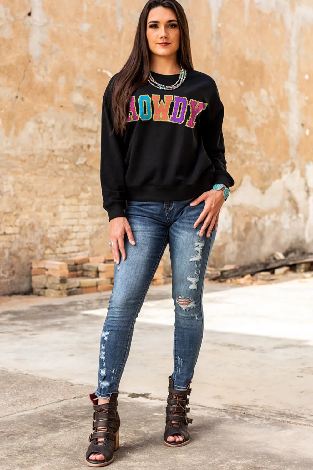 Black HOWDY Crewneck Drop Sleeve Pullover Sweatshirt