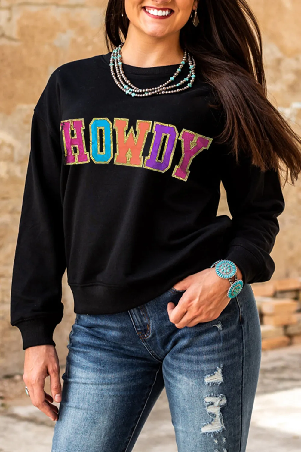 Black HOWDY Crewneck Drop Sleeve Pullover Sweatshirt