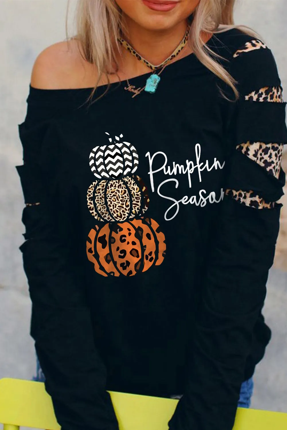 Black Pumpkin Season Graphic Leopard Cutout Sleeve Sweatshirt