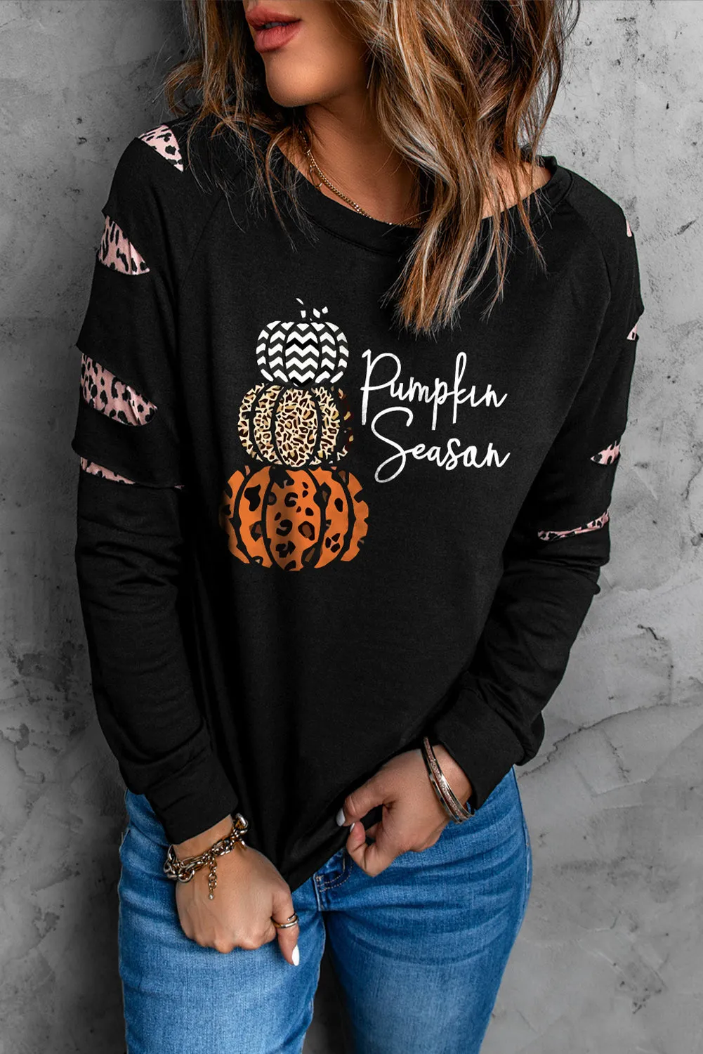 Black Pumpkin Season Graphic Leopard Cutout Sleeve Sweatshirt