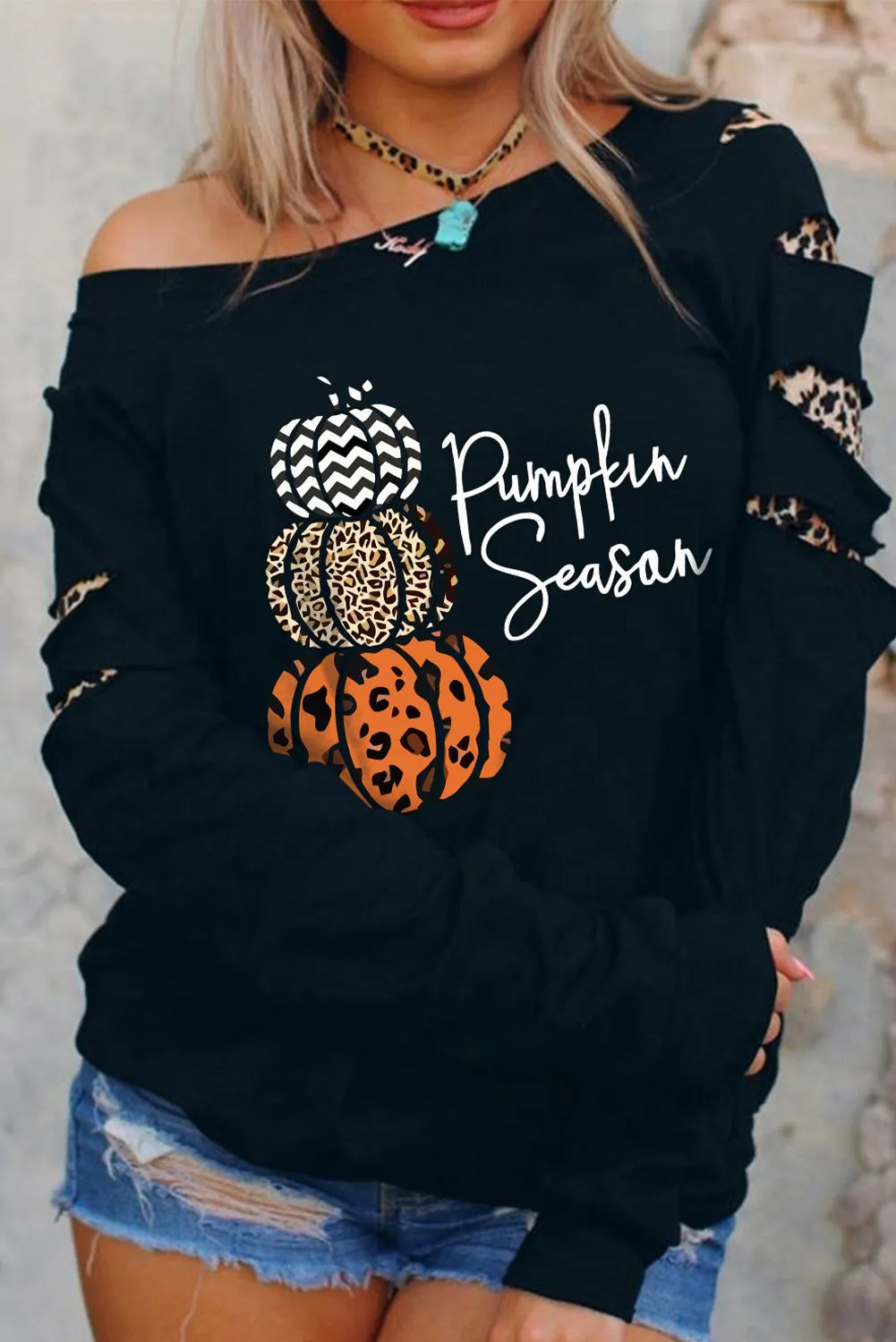 Black Pumpkin Season Graphic Leopard Cutout Sleeve Sweatshirt