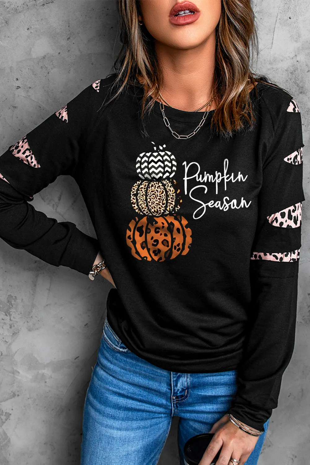 Black Pumpkin Season Graphic Leopard Cutout Sleeve Sweatshirt