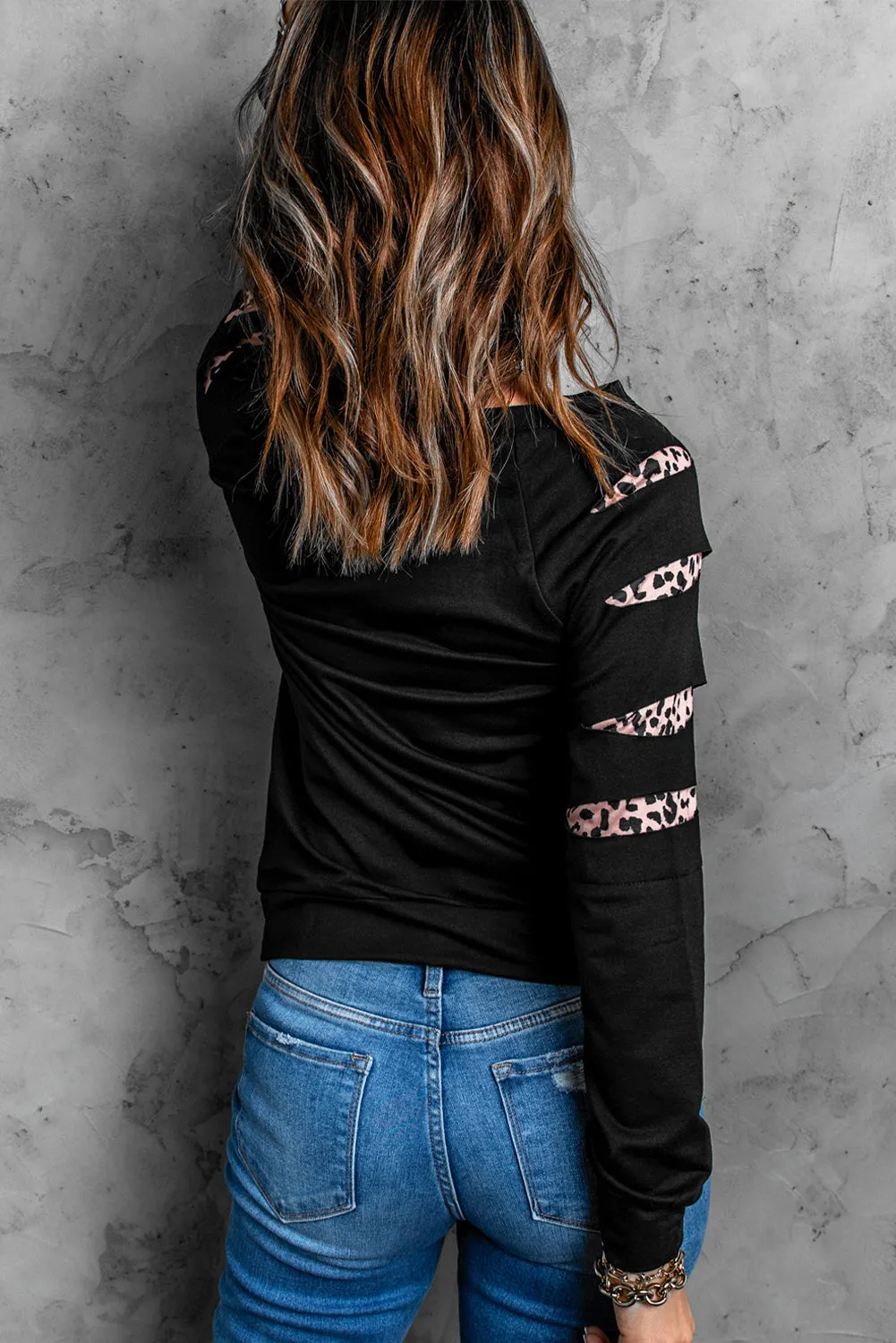 Black Pumpkin Season Graphic Leopard Cutout Sleeve Sweatshirt
