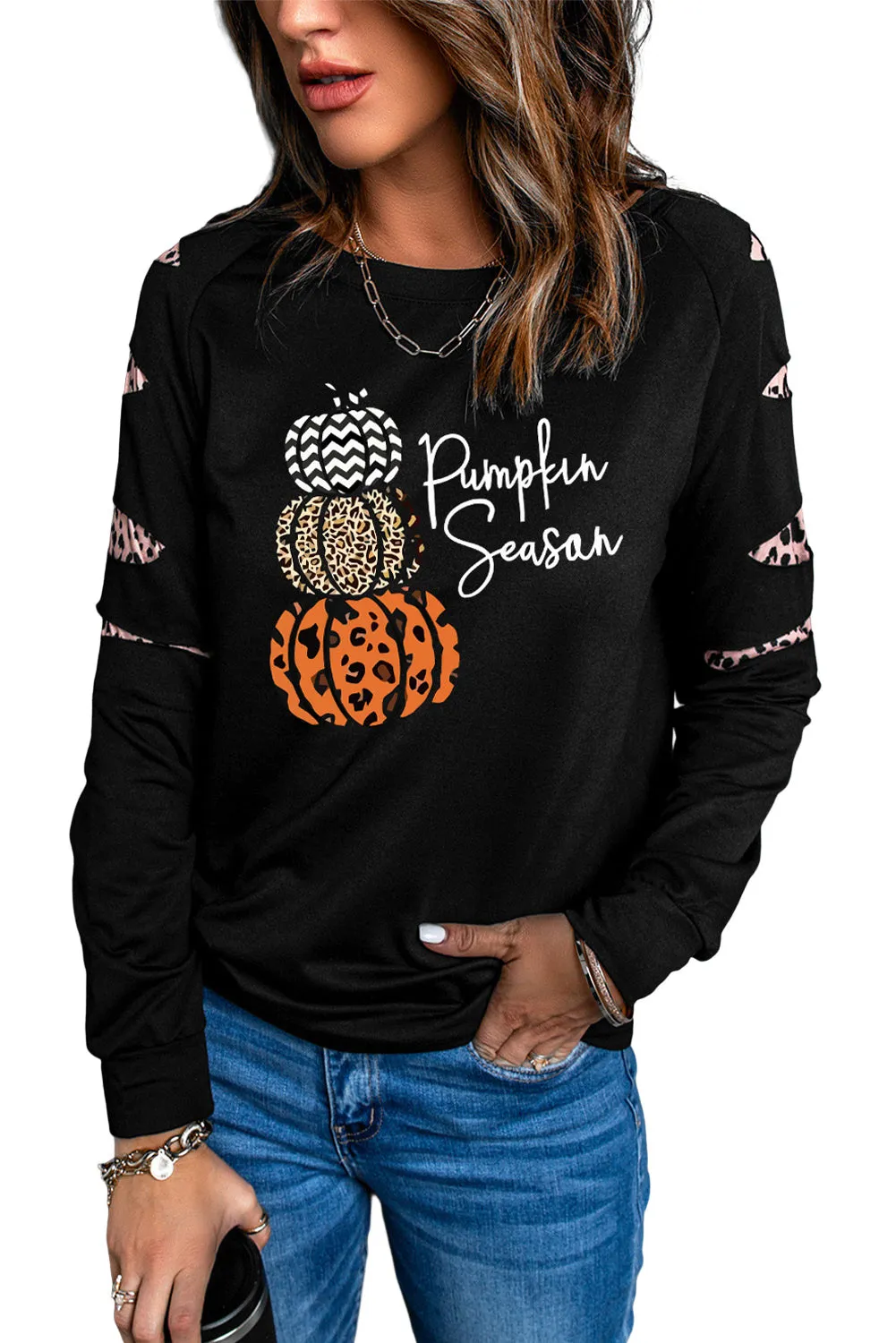 Black Pumpkin Season Graphic Leopard Cutout Sleeve Sweatshirt