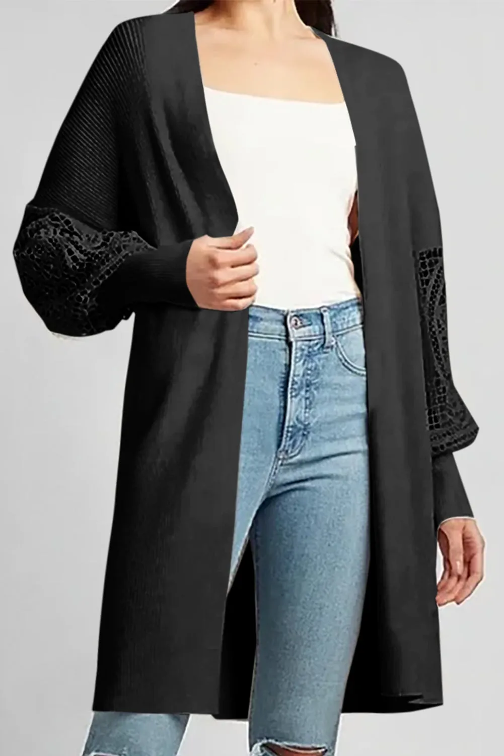 Black Ribbed Cutout Lace Patch Sleeve Open Cardigan