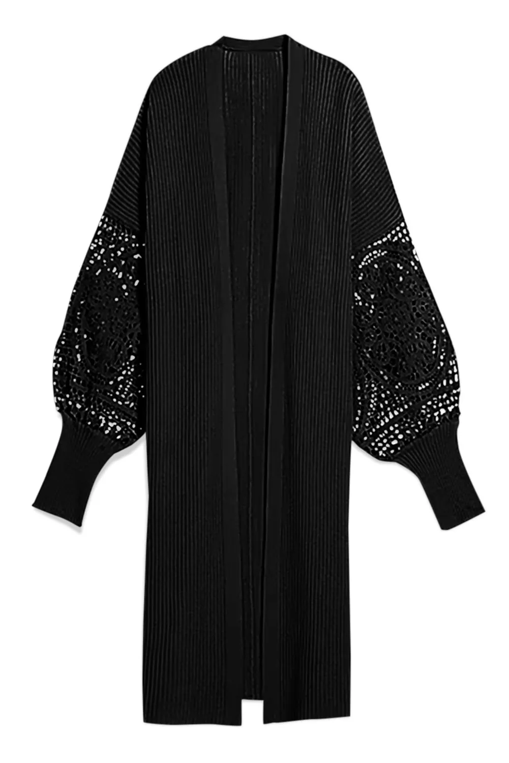 Black Ribbed Cutout Lace Patch Sleeve Open Cardigan