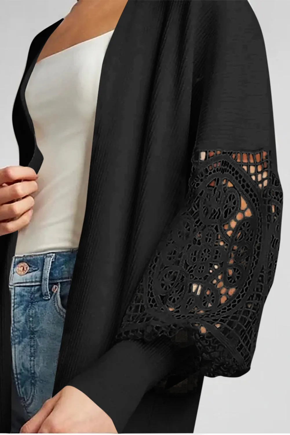 Black Ribbed Cutout Lace Patch Sleeve Open Cardigan
