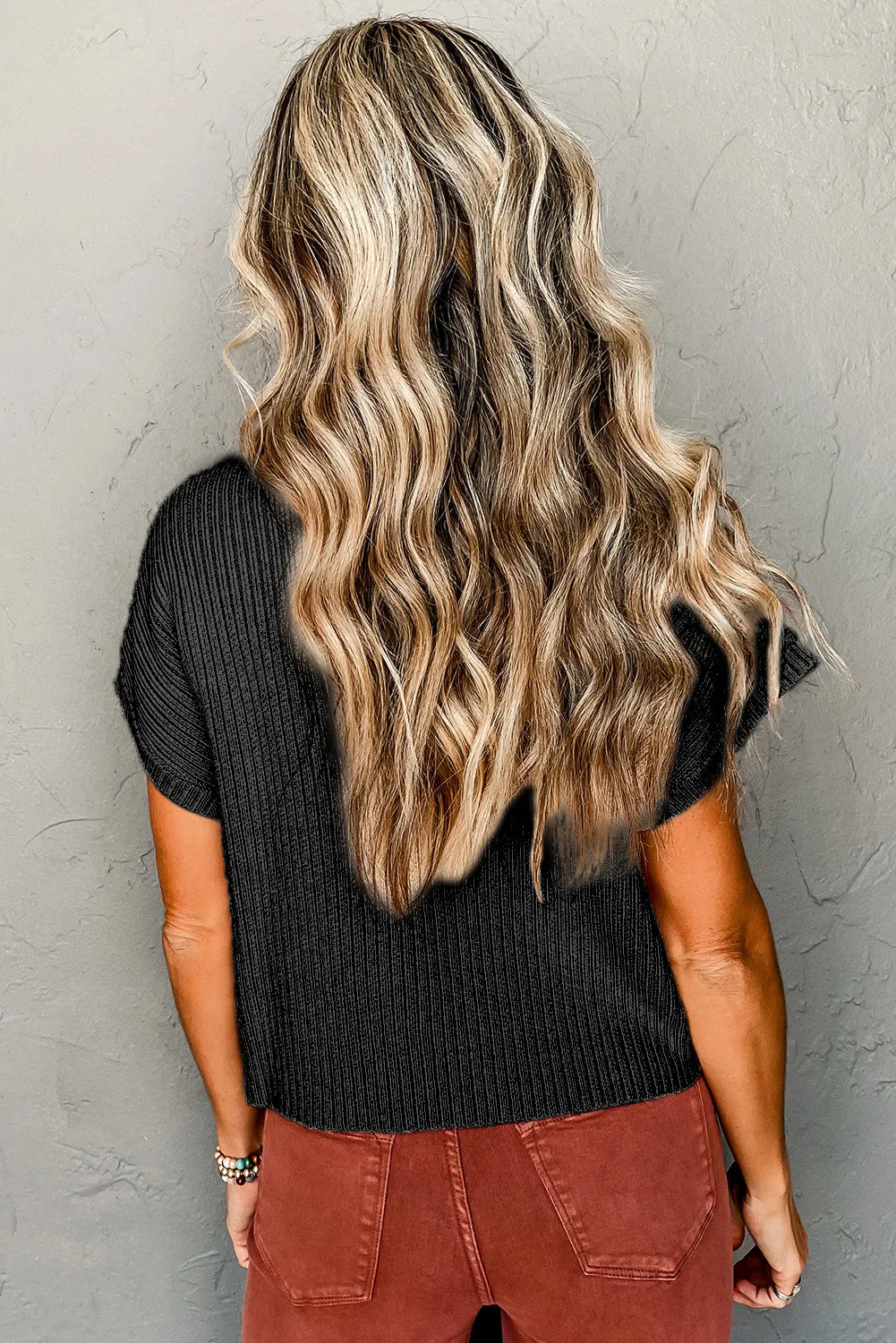 Black Ribbed High Neck Short Sleeve Sweater