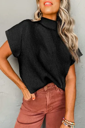 Black Ribbed High Neck Short Sleeve Sweater