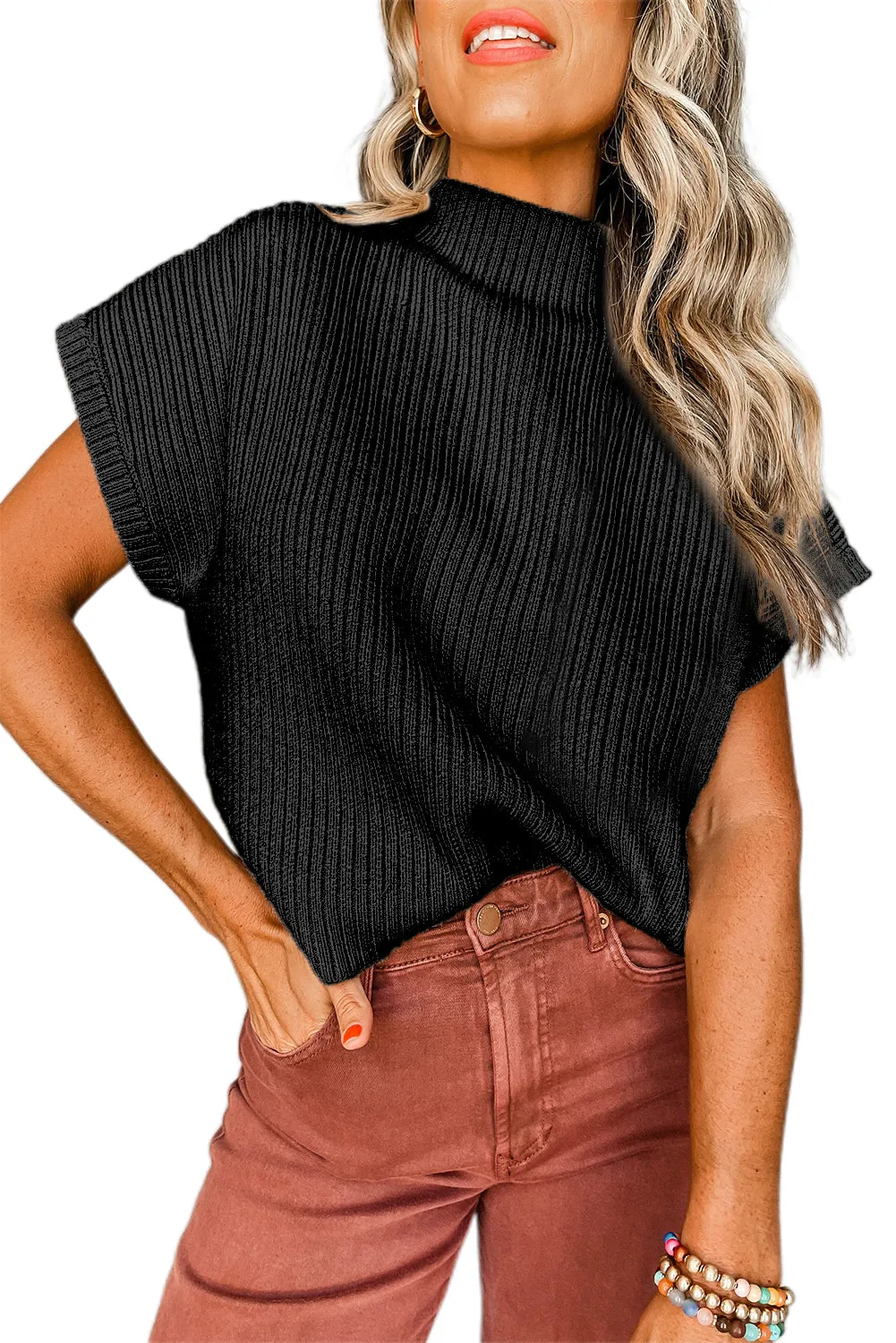 Black Ribbed High Neck Short Sleeve Sweater