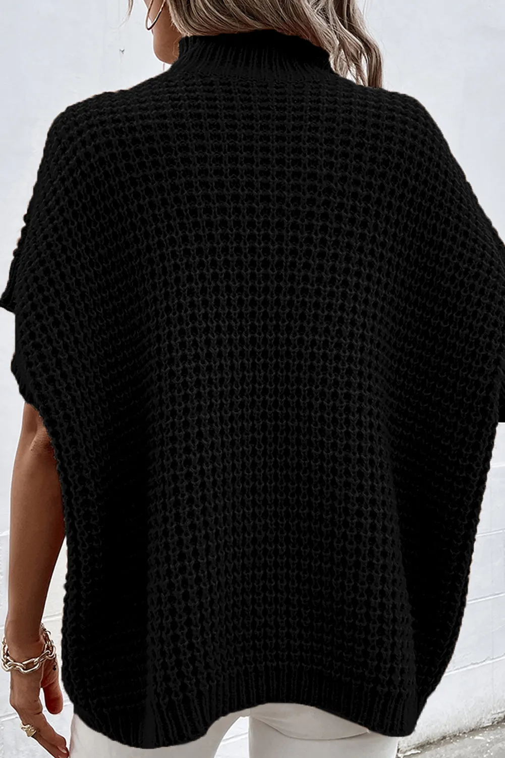 Black Textured Knit Ribbed Mock Neck Sweater