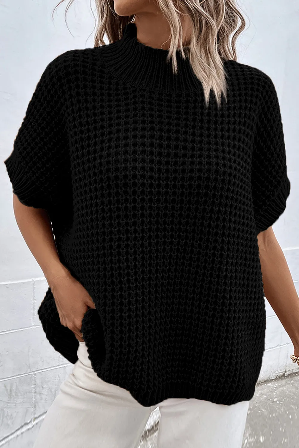 Black Textured Knit Ribbed Mock Neck Sweater