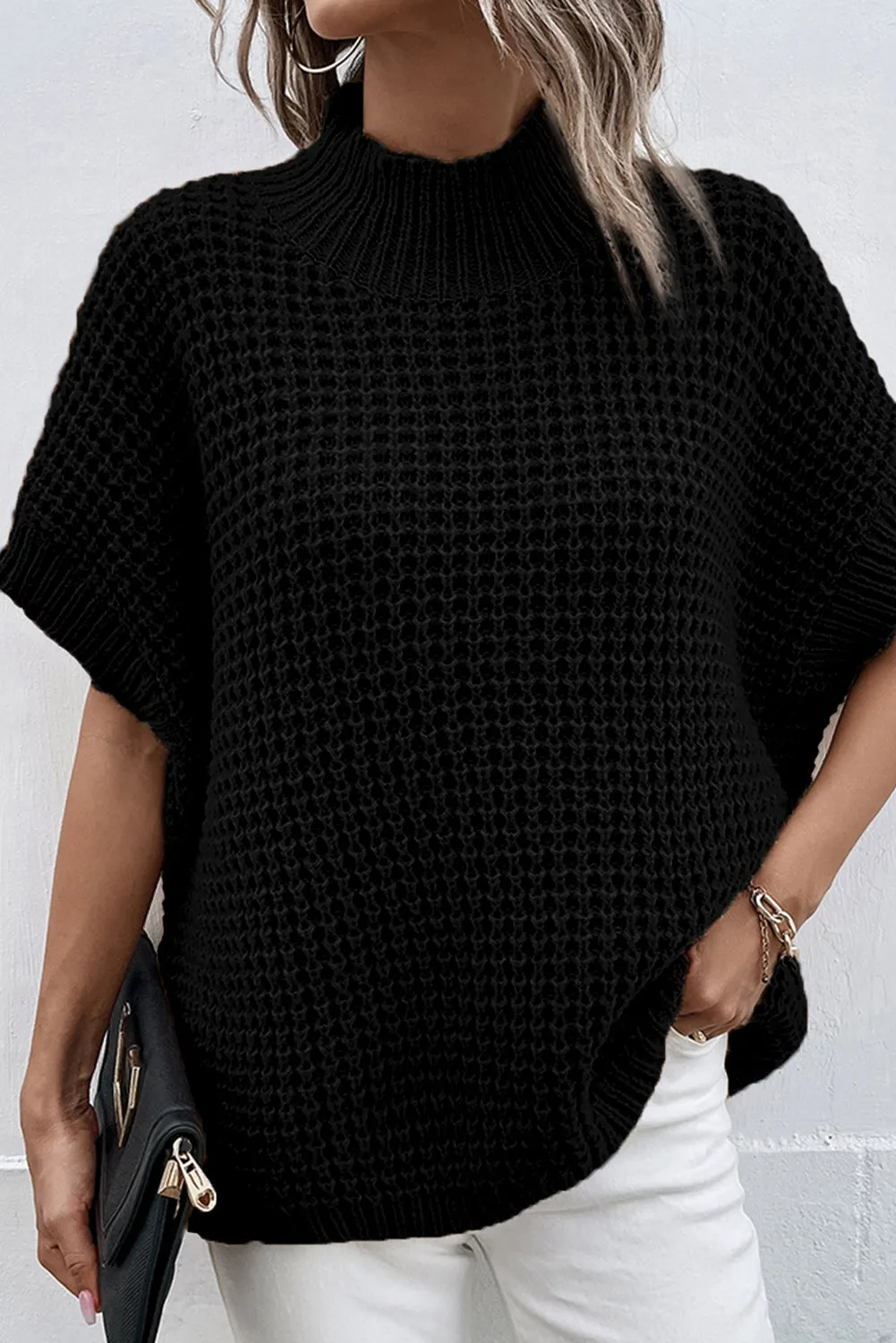 Black Textured Knit Ribbed Mock Neck Sweater