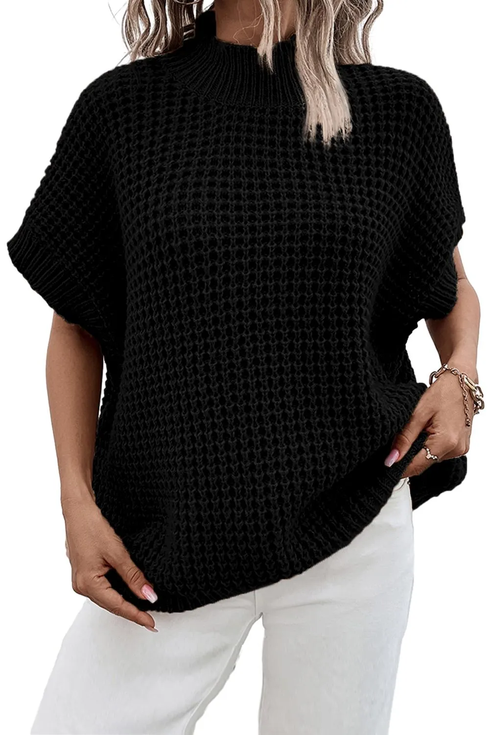 Black Textured Knit Ribbed Mock Neck Sweater