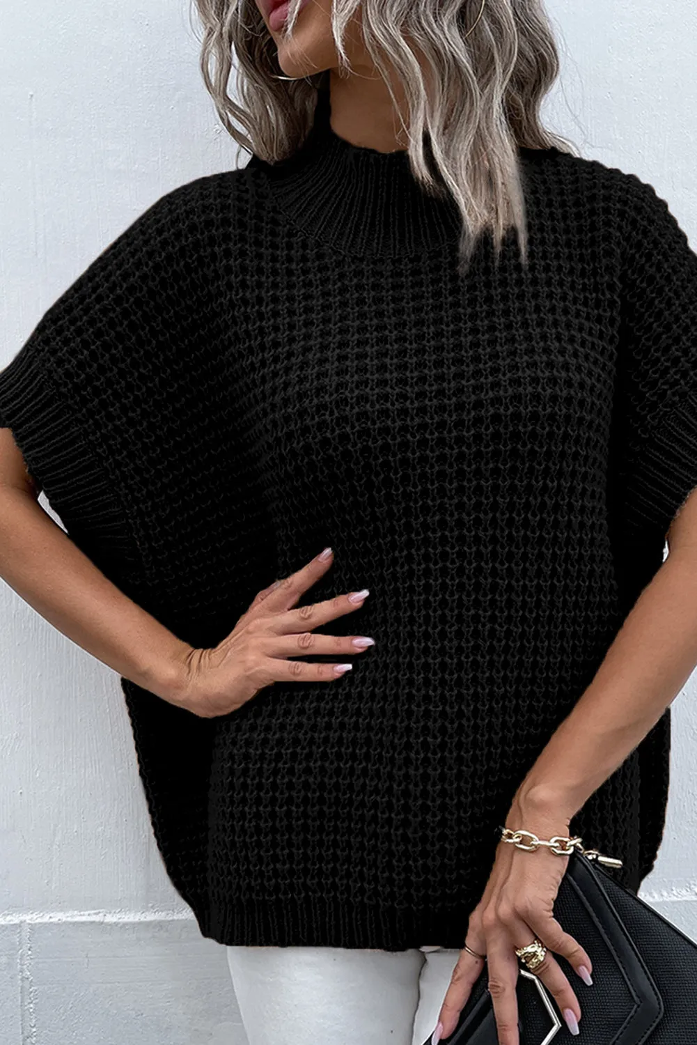 Black Textured Knit Ribbed Mock Neck Sweater