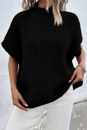 Black Textured Knit Ribbed Mock Neck Sweater