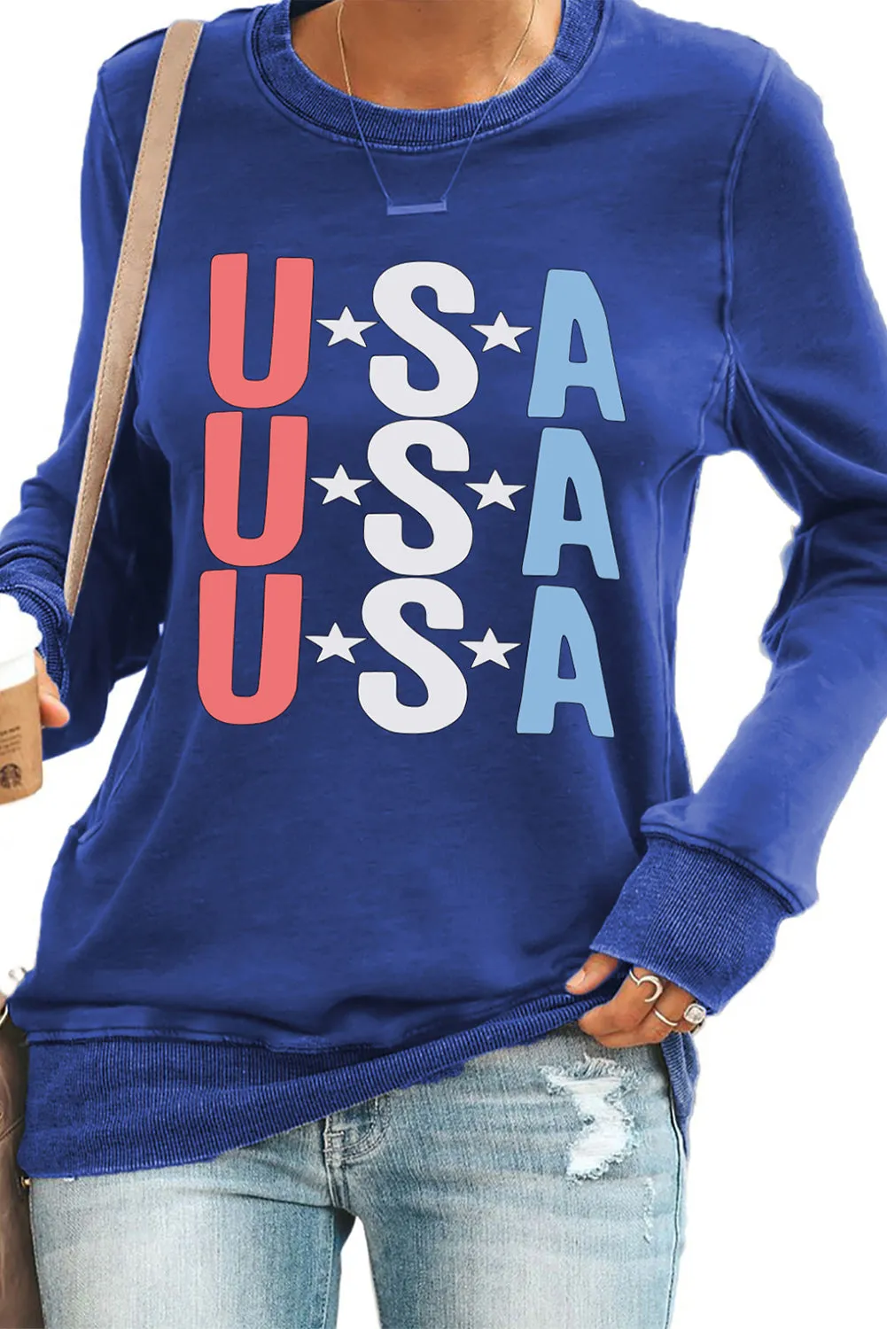 Blue USA Letter Round Neck Pullover Sweatshirt