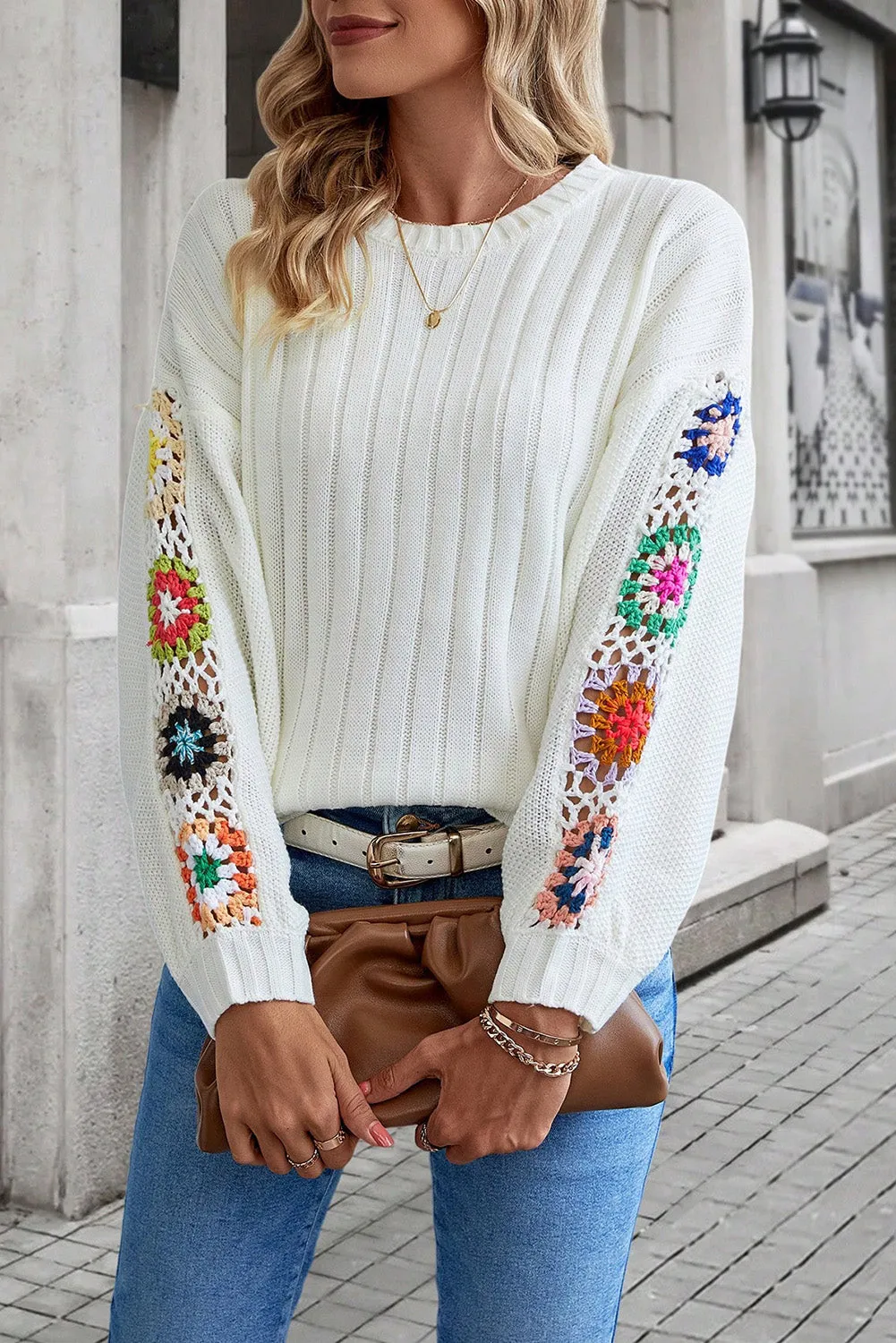 Bright White Floral Crochet Sleeve Ribbed Knit Sweater
