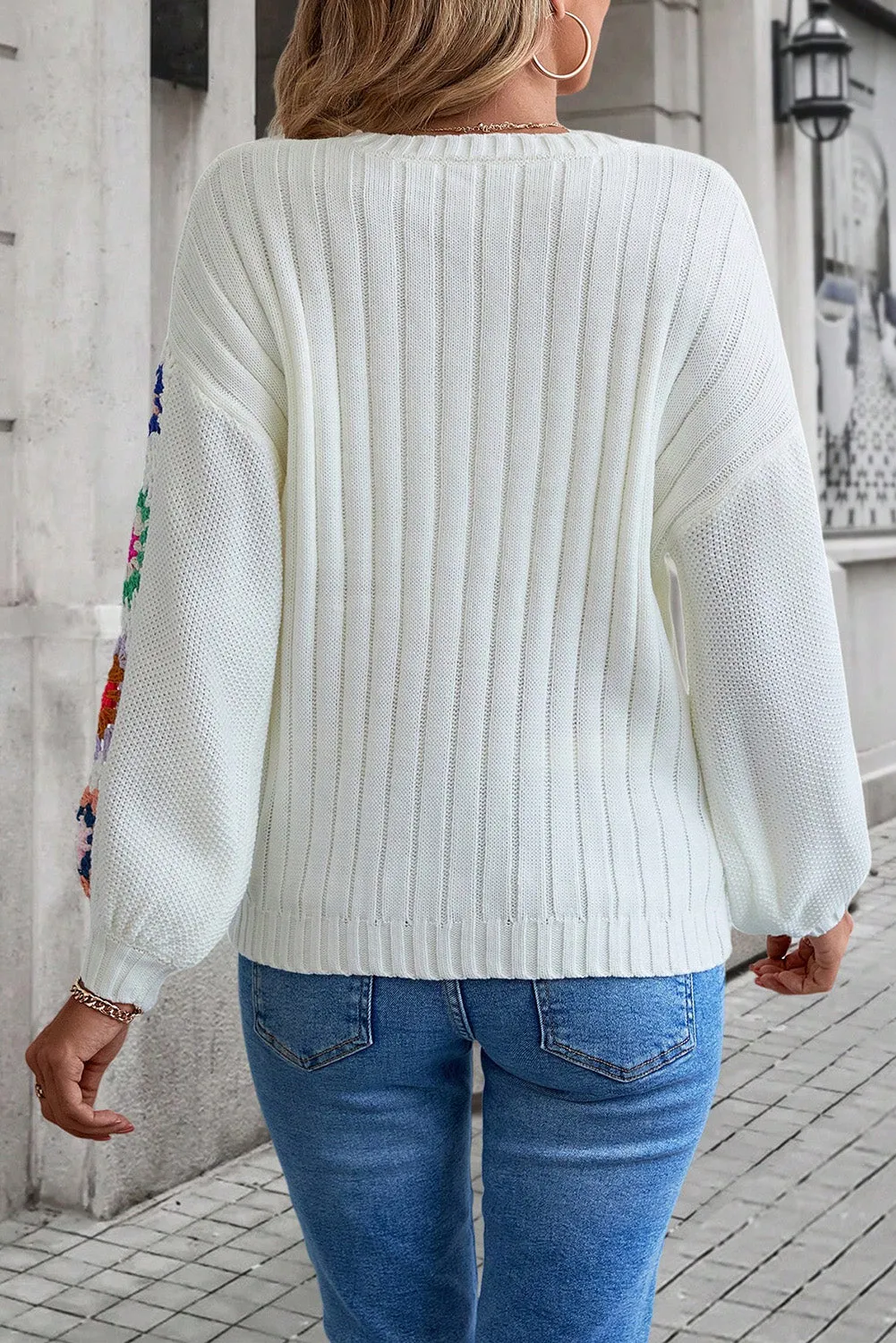 Bright White Floral Crochet Sleeve Ribbed Knit Sweater